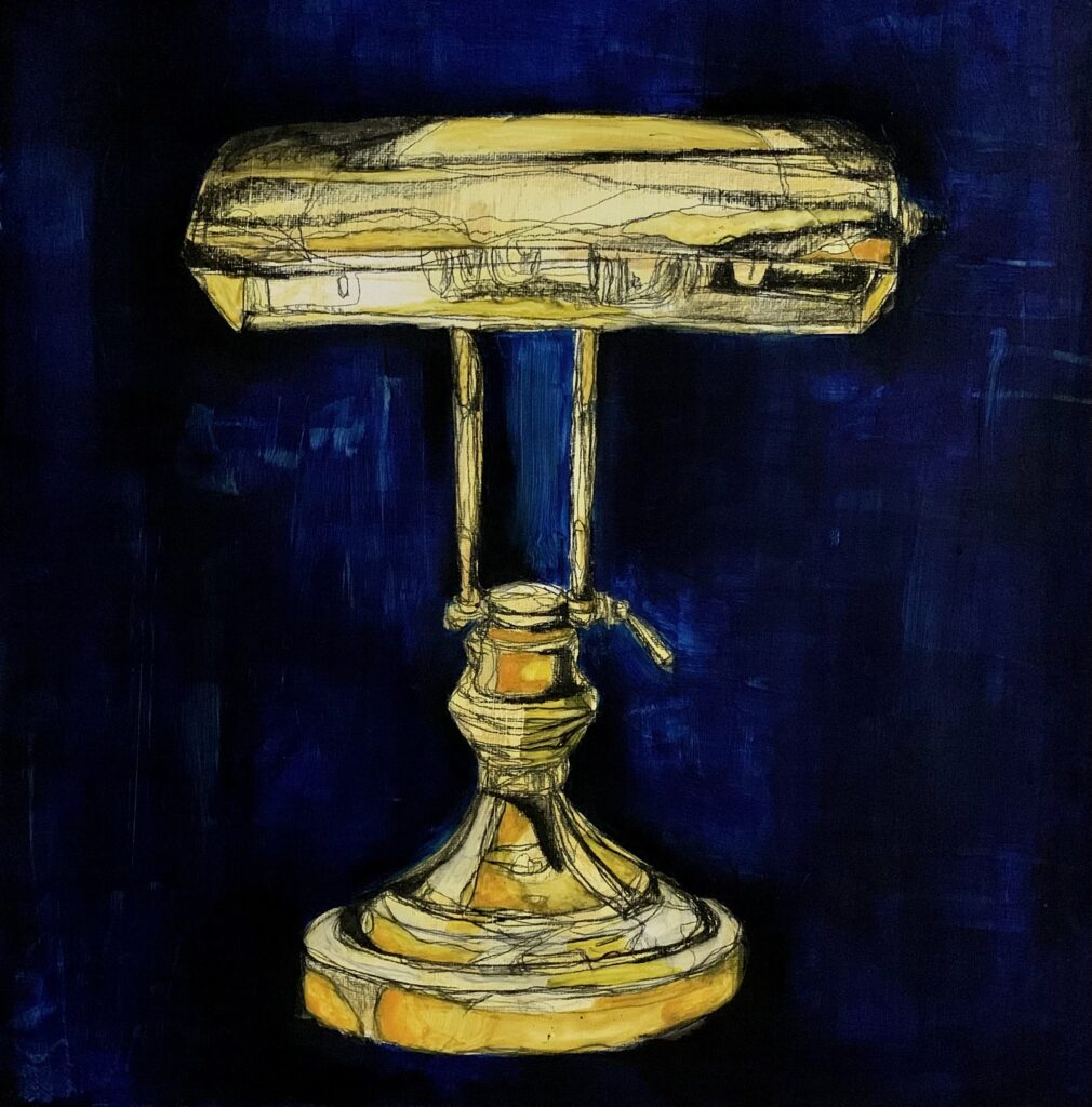 painting using mixed media of a vintage piano lamp